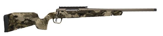 Bolt action rifle with camo stock, Picatinny scope mounting rail, and threaded barrel.